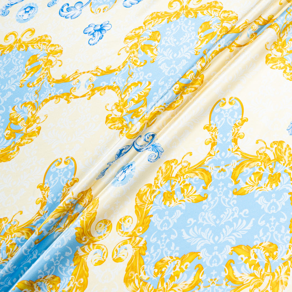 Yellow, Blue & Cream Printed Silk Satin