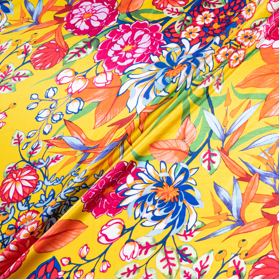 Vibrant Floral Printed Yellow Silk Satin