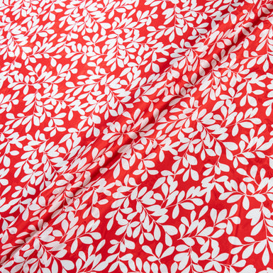 White Leaf Printed Rich Red Silk Jacquard