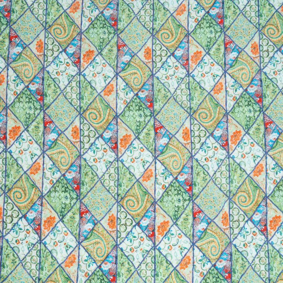 Green Floral Patchwork Printed Pure Linen