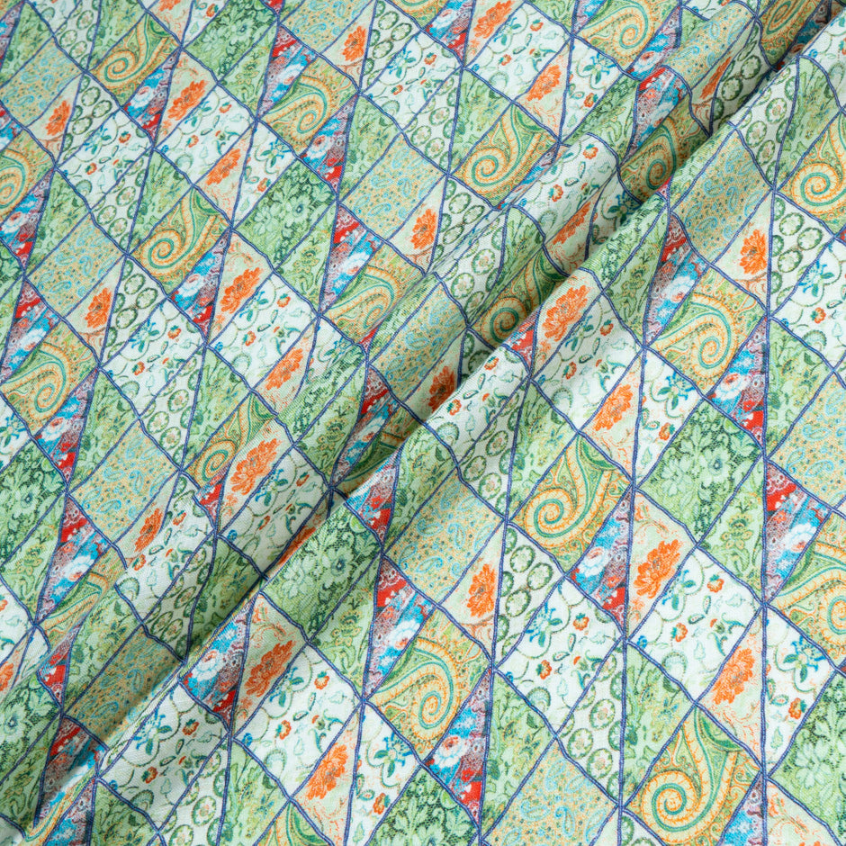 Green Floral Patchwork Printed Pure Linen