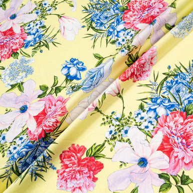 Blue & Pink Floral Printed Soft Yellow Pure Cotton