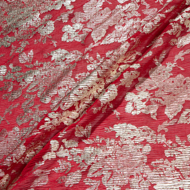 Cherry Red & Gold Laminated Crinkled Chiffon