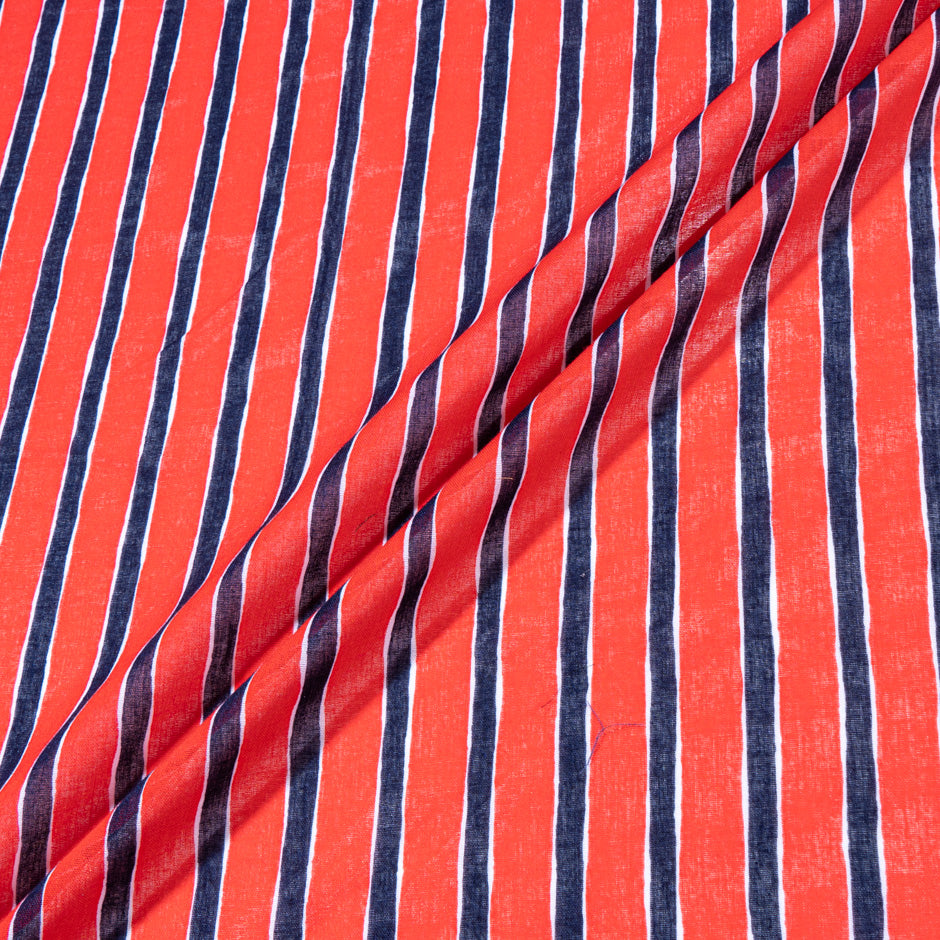 Dark Blue & Red Striped Cotton Voile