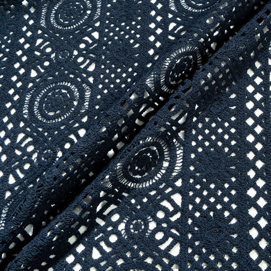 Navy Blue Geometric Cotton Blend Guipure Lace