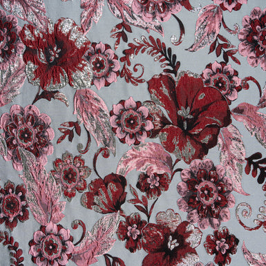 Burgundy & Pink Floral Grey Brocade