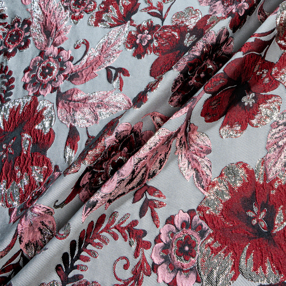 Burgundy & Pink Floral Grey Brocade