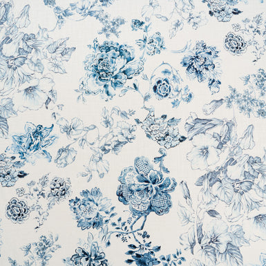 Ink Blue Floral Printed Ivory Pure Silk