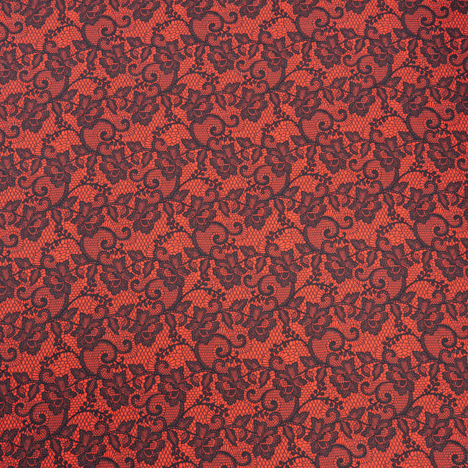 Black Lace Printed Deep Red Pure Silk Twill