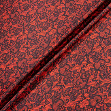 Black Lace Printed Deep Red Pure Silk Twill