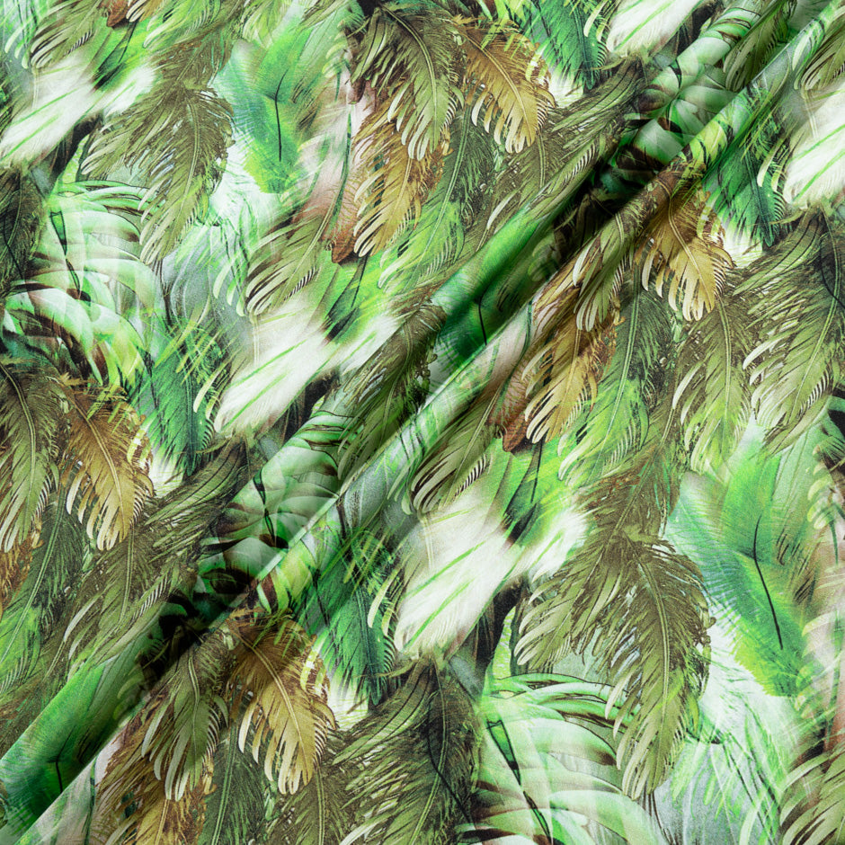 Green & Brown Feathered Leaf Printed Silk Twill