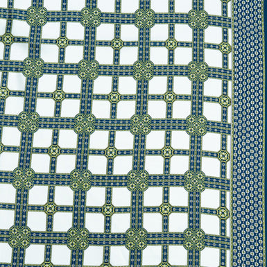 Blue & Green Printed White Pure Silk Twill (A 1m Piece)