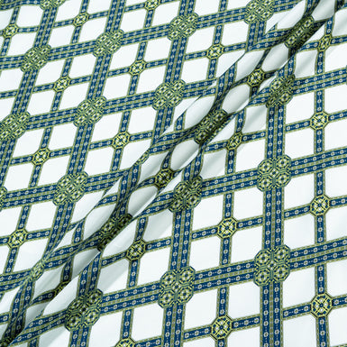 Blue & Green Printed White Pure Silk Twill (A 1m Piece)