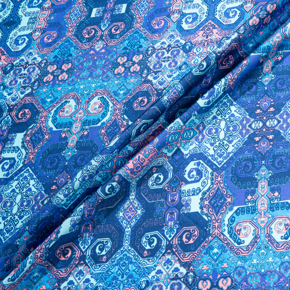 Blue Geometric Printed Pure Silk Twill