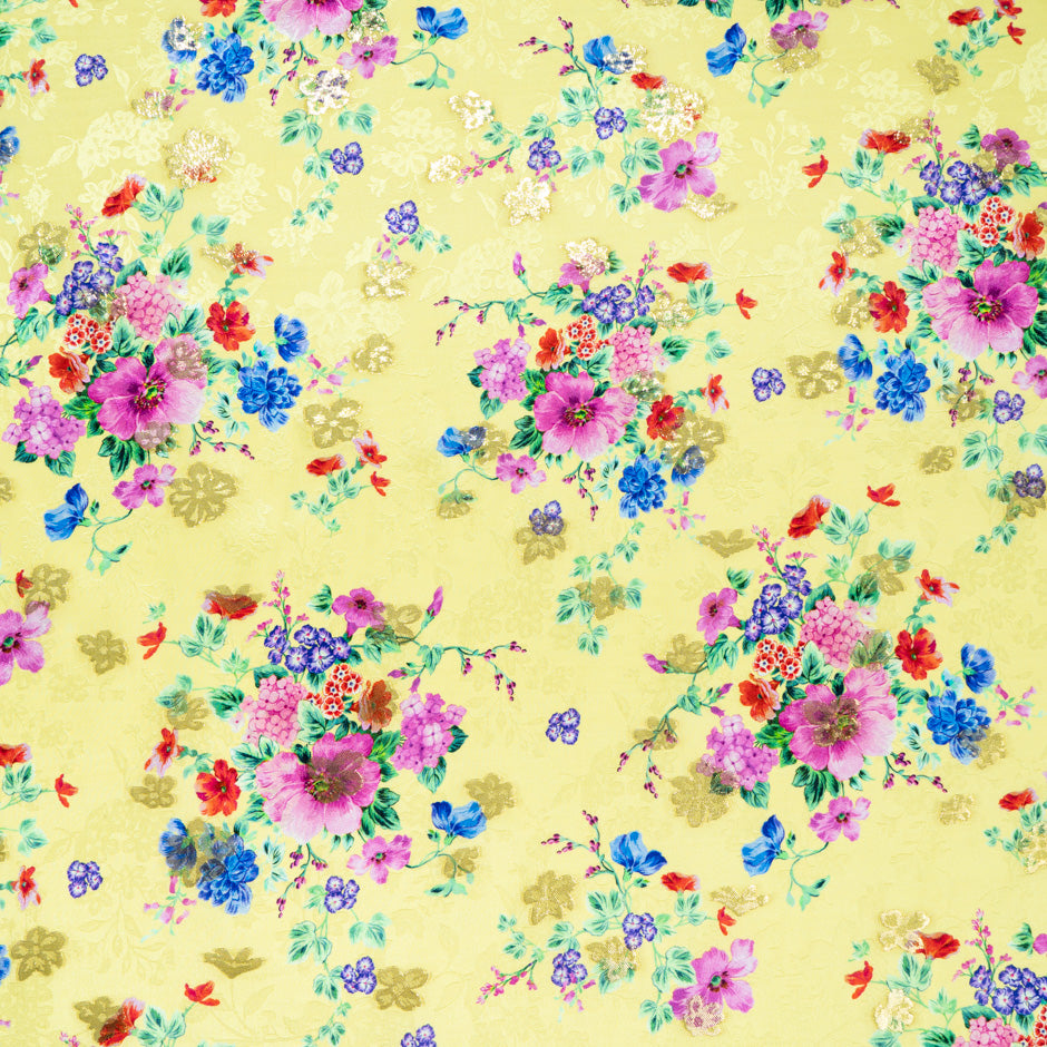 Wild Floral Printed Yellow Metallic Silk Jacquard