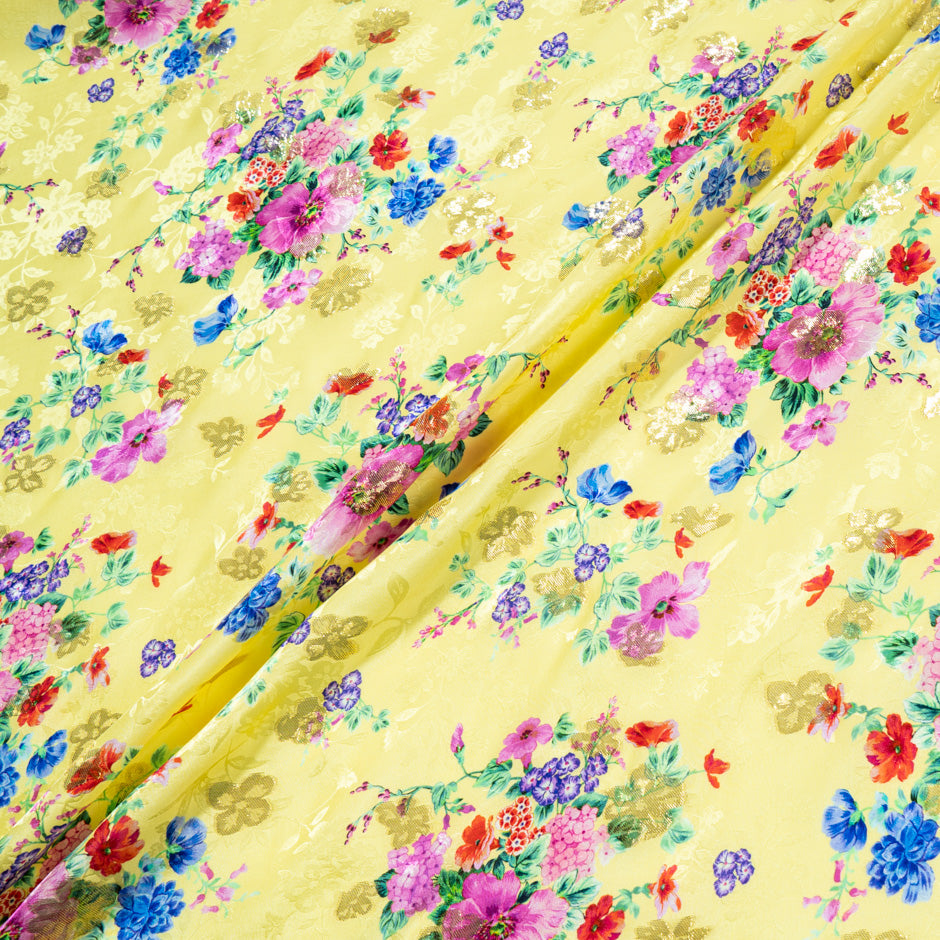 Wild Floral Printed Yellow Metallic Silk Jacquard