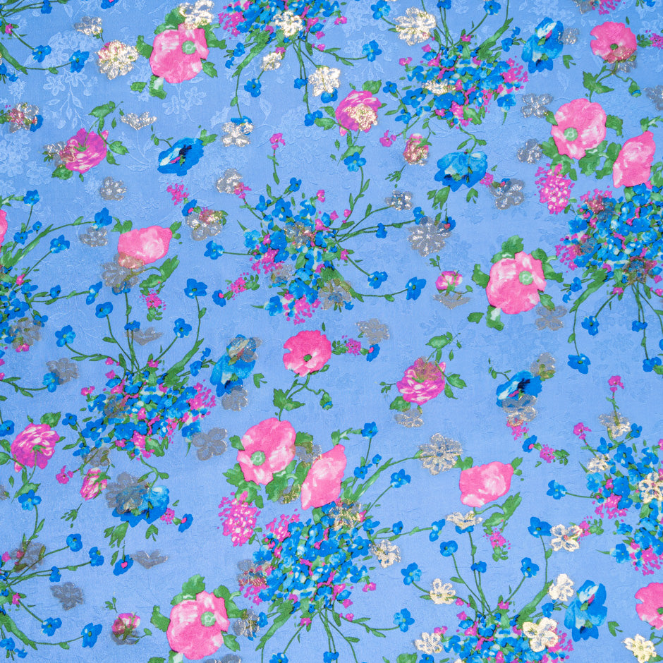 Pink Floral Printed Deep Blue Metallic Silk Jacquard