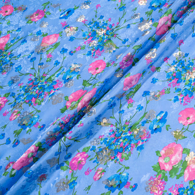 Pink Floral Printed Deep Blue Metallic Silk Jacquard