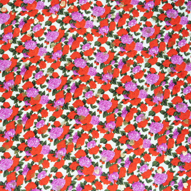 Red & Pink Floral Printed White Silk Jacquard