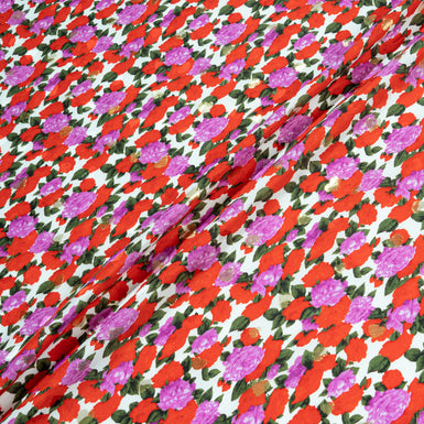 Red & Pink Floral Printed White Silk Jacquard