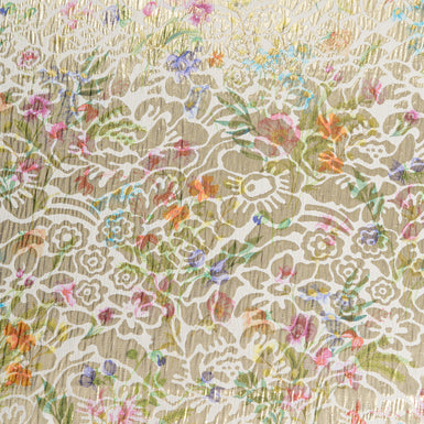 Multi Floral Printed Cream Silk Metallic Jacquard