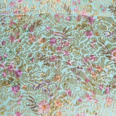 Multi Floral Printed Aqua Silk Metallic Jacquard