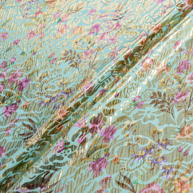 Multi Floral Printed Aqua Silk Metallic Jacquard