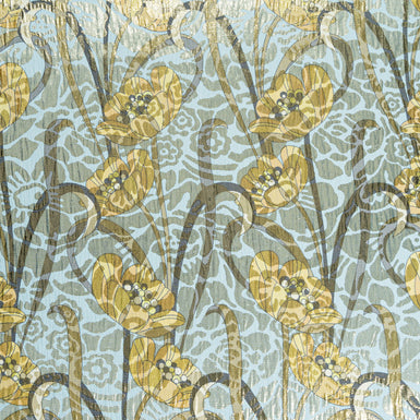 Yellow Floral Printed Soft Blue Silk Metallic Jacquard