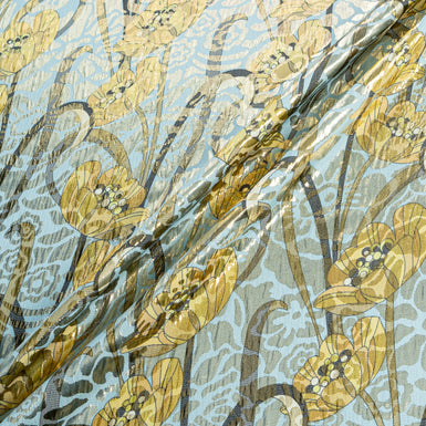 Yellow Floral Printed Soft Blue Silk Metallic Jacquard