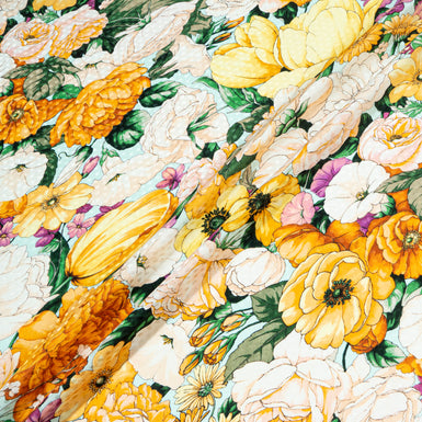 Yellow & Orange Floral Printed Pale Blue Silk Jacquard