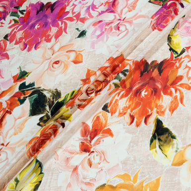 Deep Orange & Pink Floral Printed Silk Satin