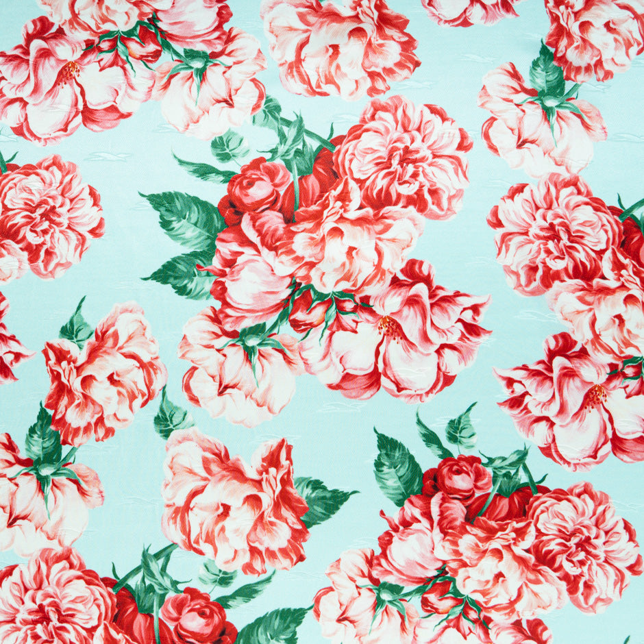 Red Floral Printed Aqua Silk Twill Jacquard