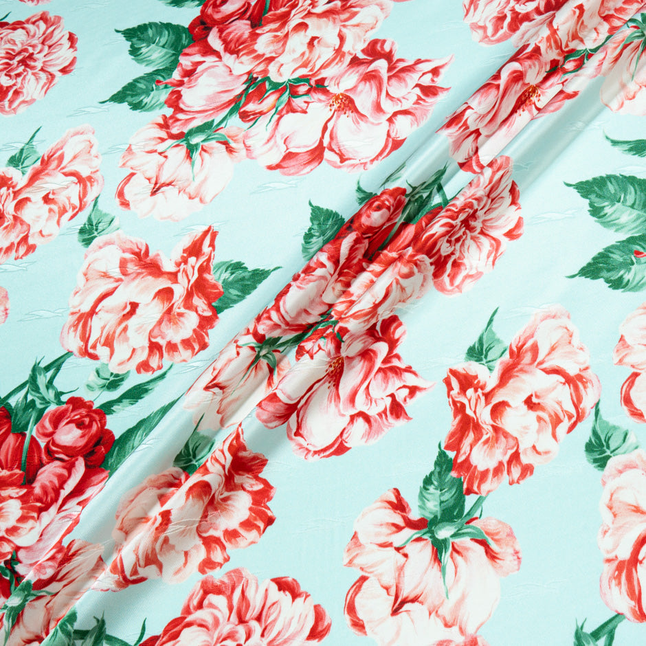 Red Floral Printed Aqua Silk Twill Jacquard