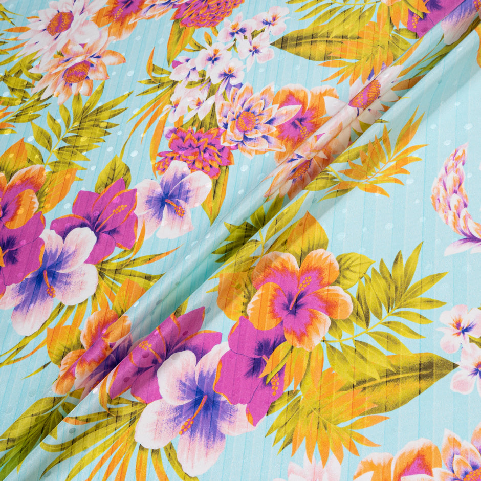 Tropical Floral Printed Baby Blue Silk Jacquard