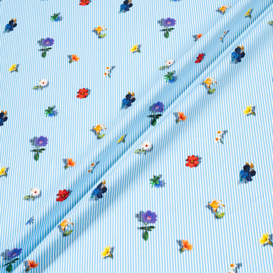 Floral Printed Sky Blue Striped Pure Cotton