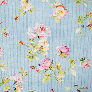 Rose Printed Blue Pinstriped Pure Cotton