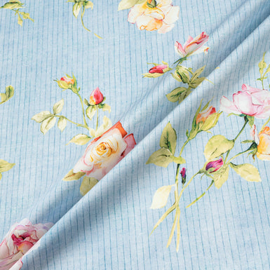 Rose Printed Blue Pinstriped Pure Cotton