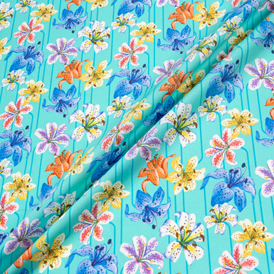 Multi Lily Printed Turquoise Luxury Cotton