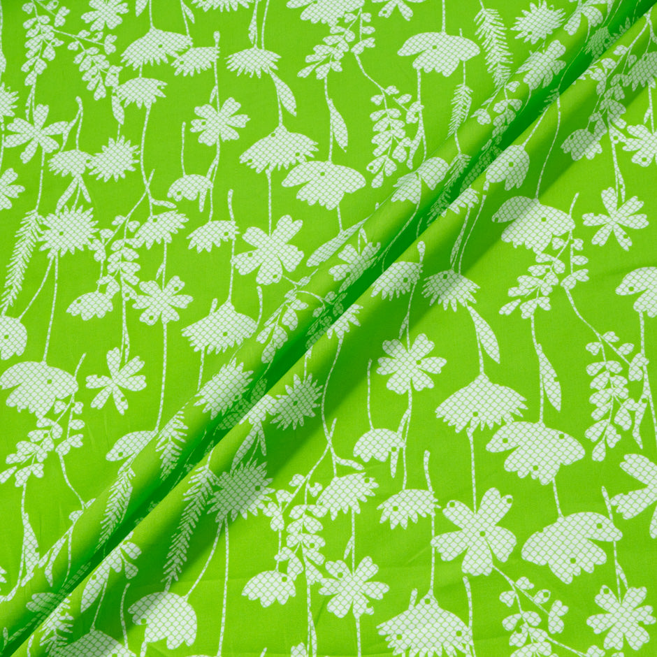 White Floral Printed Apple Green Cotton