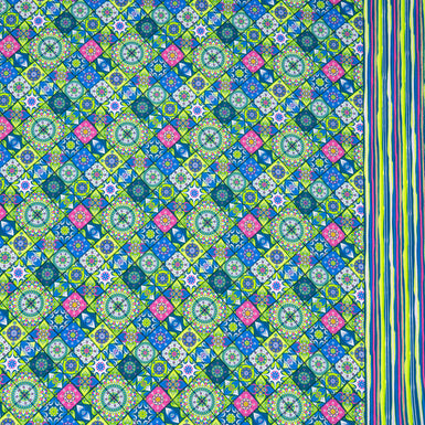Green, Blue & Pink Tile Printed Superfine Cotton