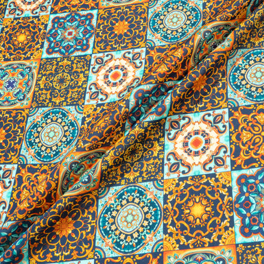 Orange & Multi 'Tile' Printed Pure Cotton Shirting