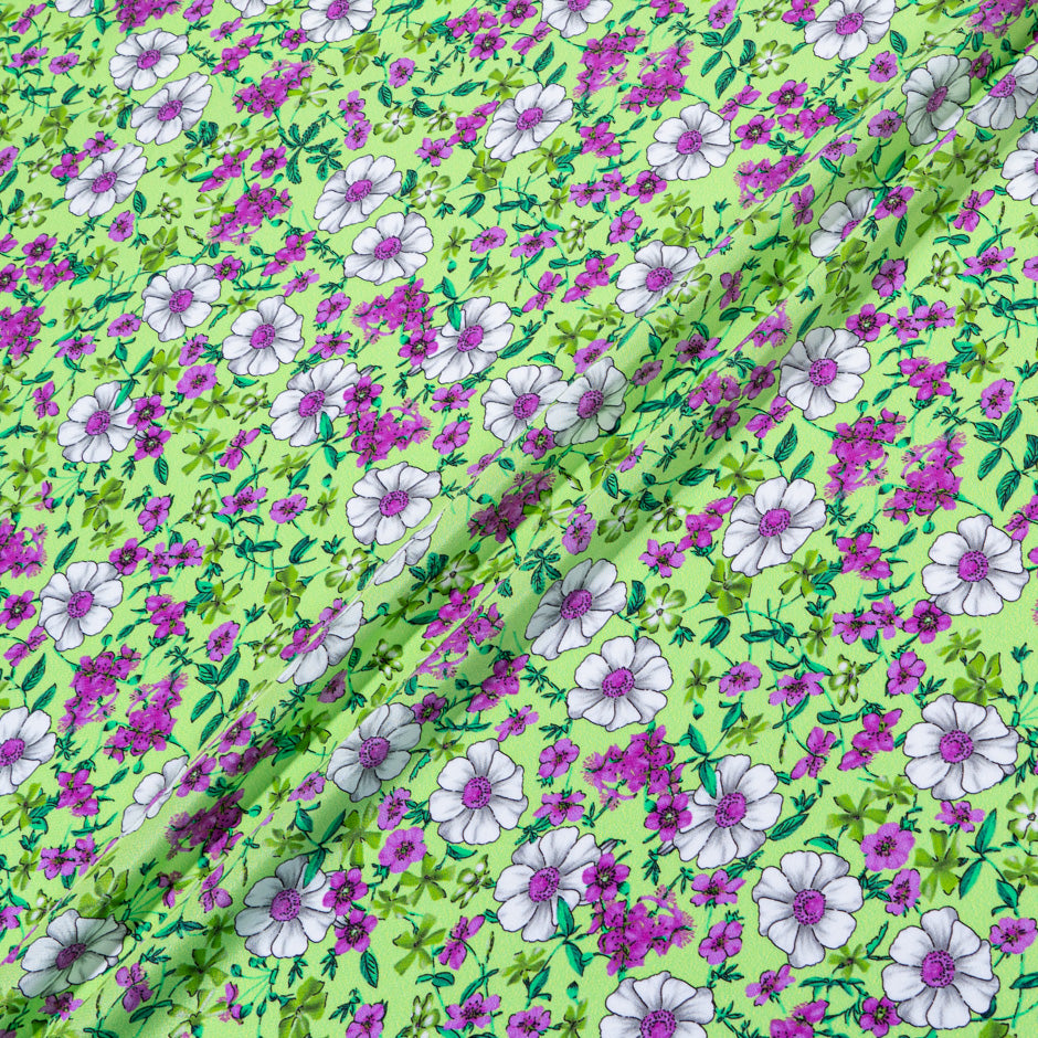 Magenta Floral Printed Green Silk Crêpe de Chine