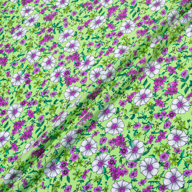 Magenta Floral Printed Green Silk Crêpe de Chine