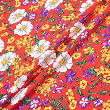 Floral Printed Rich Red Silk Crêpe de Chine