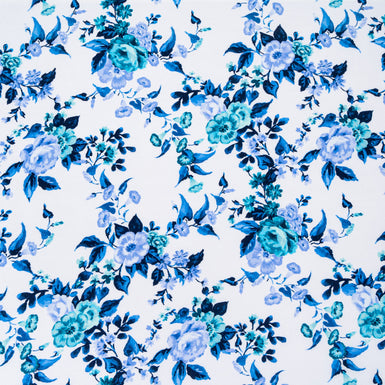 Blue & Turquoise Floral Printed Silk Crêpe de Chine