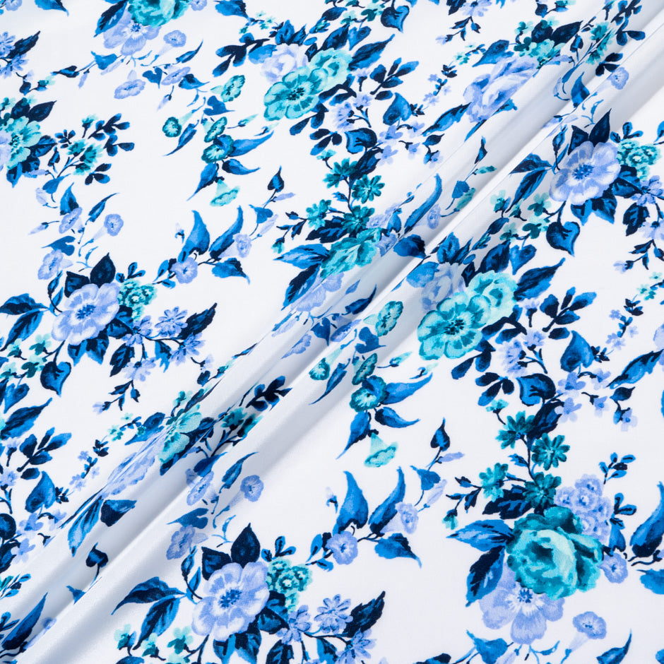 Blue & Turquoise Floral Printed Silk Crêpe de Chine