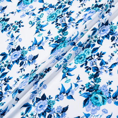 Blue & Turquoise Floral Printed Silk Crêpe de Chine