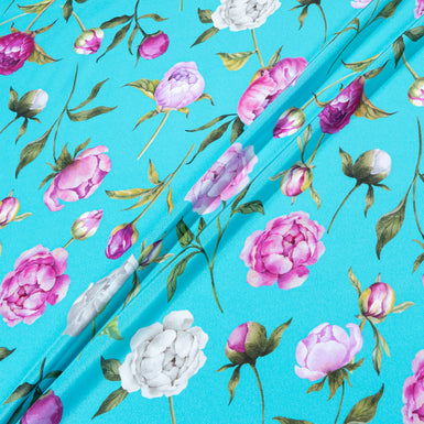 Peony Printed Turquoise Crêpe de Chine