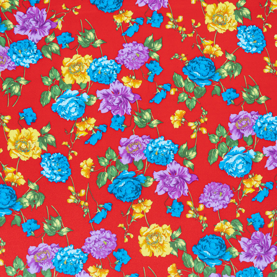 Multi-Coloured Floral Printed Red Silk Crêpe de Chine