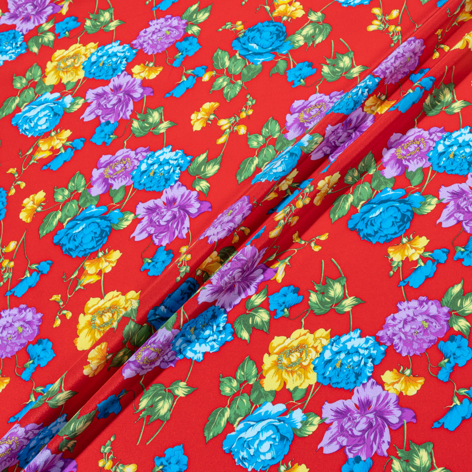 Multi-Coloured Floral Printed Red Silk Crêpe de Chine